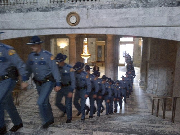 Thirty-nine Washington State Patrol Trooper Cadets were sworn in by Washington State Supreme Court Chief Justice Barbara Madsen during a ceremony held in the Capitol Rotunda in Olympia Wednesday afternoon. (PHOTO COURTESY WASHINGTON STATE PATROL)