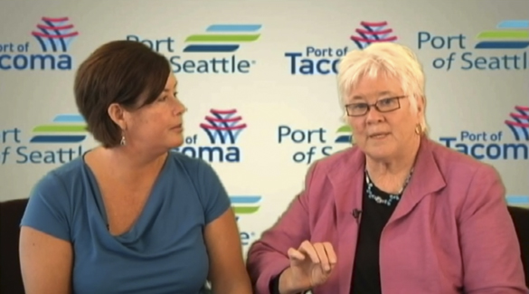 Port of Seattle Commission co-President Stephanie Bowman (left) and Port of Tacoma Commission President Clare Petrich (right) discuss details of an announcement made Tuesday that the two ports plan to create a Seaport Alliance in an effort to strengthen the Puget Sound gateway and attract more marine cargo for the region. (PHOTO COURTESY PORT OF SEATTLE)
