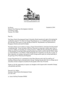 Museum of Glass, Tacoma Dome District, Foss Waterway Seaport, Tacoma Waterfront Association, Tacoma Art Museum representatives have written letters supporting a plan to name a waterfront park located along Thea Foss Waterway after Tacoma civic booster George H. Weyerhaeuser, Jr.