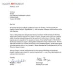 Museum of Glass, Tacoma Dome District, Foss Waterway Seaport, Tacoma Waterfront Association, Tacoma Art Museum representatives have written letters supporting a plan to name a waterfront park located along Thea Foss Waterway after Tacoma civic booster George H. Weyerhaeuser, Jr.