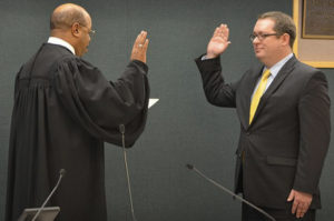 Pierce County Councilmember Derek M. Young was sworn in to office by Pierce County Superior Court Judge Frank E. Cuthbertson during a ceremony Monday morning at the County-City Building in Tacoma. (PHOTO COURTESY PIERCE COUNTY)