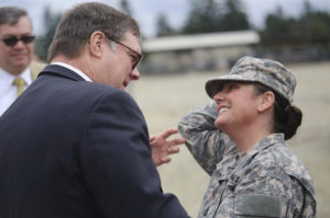 U.S. Rep. Denny Heck (D-Wash.) speaks with Command Sergeant Major Abby West. (PHOTO COURTESY WASHINGTON NATIONAL GUARD)