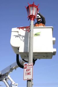 Crews are installing light-emitting diode (LED) street lights in Tacoma's Lincoln International Business District this week. (PHOTO BY TODD MATTHEWS)