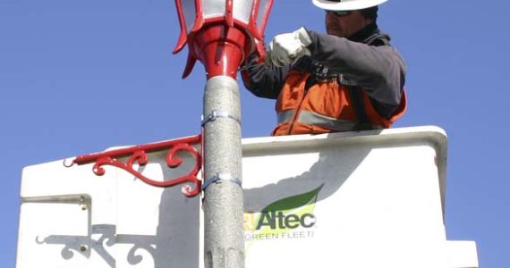 Crews are installing light-emitting diode (LED) street lights in Tacoma's Lincoln International Business District this week. (PHOTO BY TODD MATTHEWS)