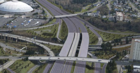 Washington State Department of Transportation (WSDOT) officials report two bridges — Pacific Avenue (foreground) and McKinley Way (background) — conflict with future plans to widen Interstate 5 through Tacoma in order to create high occupancy vehicle (HOV) lanes. Both bridges will be demolished and rebuilt in phases beginning in April. The project is expected to be completed in 2017. (IMAGE COURTESY WSDOT)