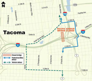 Washington State Department of Transportation (WSDOT) officials report two bridges — Pacific Avenue (foreground) and McKinley Way (background) — conflict with future plans to widen Interstate 5 through Tacoma in order to create high occupancy vehicle (HOV) lanes. Both bridges will be demolished and rebuilt in phases beginning in April. The project is expected to be completed in 2017. (IMAGE COURTESY WSDOT)