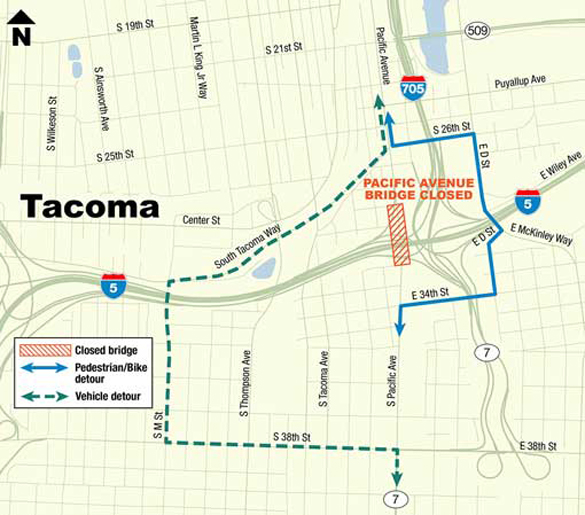 Washington State Department of Transportation (WSDOT) officials report two bridges — Pacific Avenue (foreground) and McKinley Way (background) — conflict with future plans to widen Interstate 5 through Tacoma in order to create high occupancy vehicle (HOV) lanes. Both bridges will be demolished and rebuilt in phases beginning in April. The project is expected to be completed in 2017. (IMAGE COURTESY WSDOT)