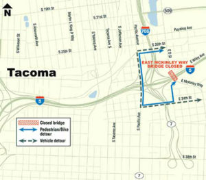 Washington State Department of Transportation (WSDOT) officials report two bridges — Pacific Avenue (foreground) and McKinley Way (background) — conflict with future plans to widen Interstate 5 through Tacoma in order to create high occupancy vehicle (HOV) lanes. Both bridges will be demolished and rebuilt in phases beginning in April. The project is expected to be completed in 2017. (IMAGE COURTESY WSDOT)