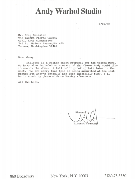 In January of 1982, Vincent Fremont, a representative of the Andy Warhol Studio in New York City, submitted a simple proposal to cover the roof of the Tacoma Dome in a flower designed by the Pop artist. (IMAGE COURTESY CITY OF TACOMA)