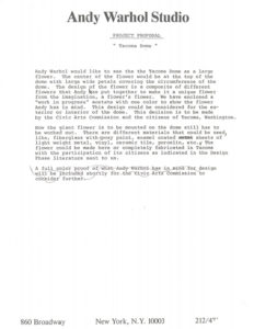 In January of 1982, Vincent Fremont, a representative of the Andy Warhol Studio in New York City, submitted a simple proposal to cover the roof of the Tacoma Dome in a flower designed by the Pop artist. (IMAGE COURTESY CITY OF TACOMA)