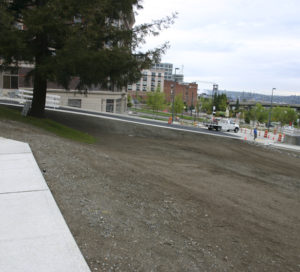 A sloped, hillside greenspace is part of a major project to realign South 17th Street in downtown Tacoma near the University of Washington Tacoma. (PHOTO BY TODD MATTHEWS)