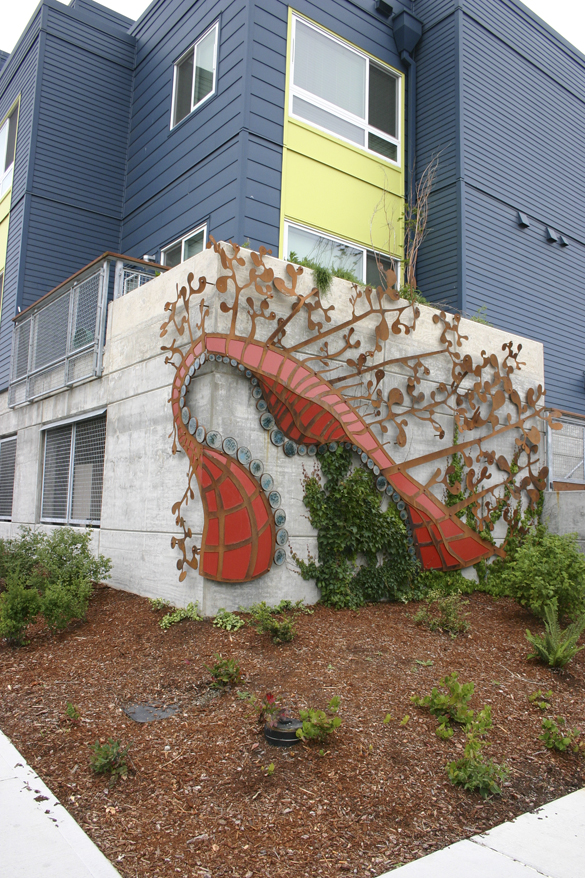 Sea Branches & Pearls by Diane Hansen and Jennifer Weddermann is one of two new art installations at Tacoma Housing Authority's Bay Terrace affordable housing community in the Hilltop neighborhood. (PHOTO BY TODD MATTHEWS)