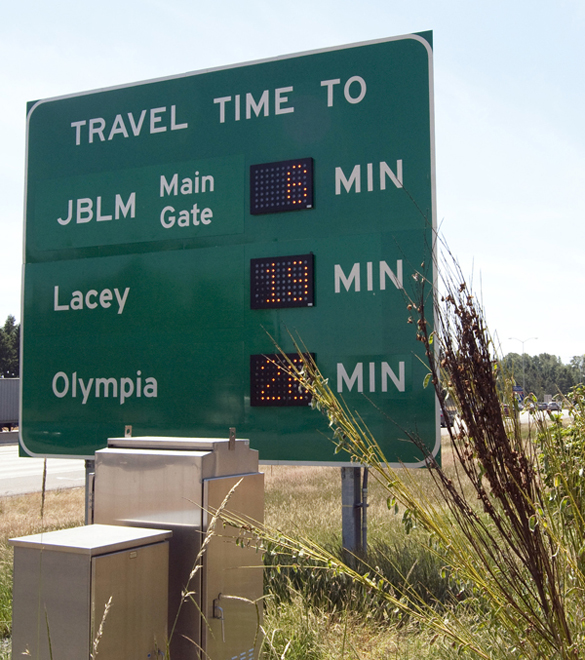 Earlier this month, the Washington State Department of Transportation (WSDOT) activated five new roadway signs that display travel times on Interstate 5 between State Route 510 in Thurston County and Tukwila in King County. (PHOTO COURTESY WSDOT)