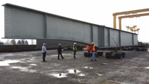 To build the new State Route 167 Puyallup River Bridge at Meridian Avenue, workers needed a series of very large girders. The 90- to 150-foot-long girders were manufactured in Southwest Washington and hauled by semi-truck to the location of the new bridge. (PHOTO COURTESY WSDOT)