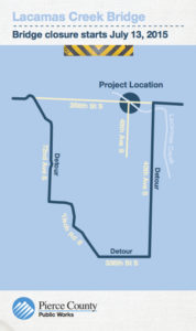 A 7.5-mile detour will will be in place while the existing bridge is demolished and a new bridge is constructed. The span is scheduled to close on Mon., July 13, and re-open in mid-October. (IMAGE COURTESY PIERCE COUNTY)