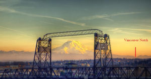 The Murray Morgan Bridge in downtown Tacoma frames Mount Rainier and the proposed Vancouver Notch. (PHOTO BY TERRY RISHEL / COURTESY BARBARA REID)