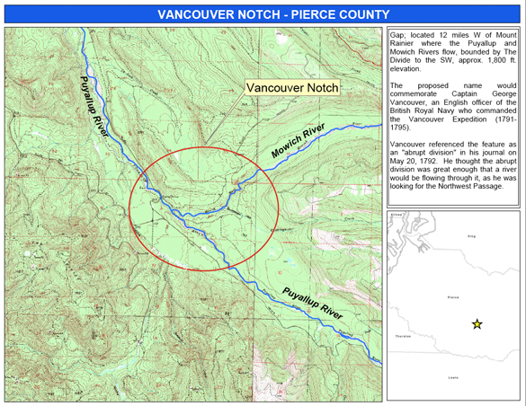 The proposed Vancouver Notch is located on privately-owned land 12 miles west of Mount Rainier, where the Puyallup River and Mowich River intersect, and bounded by an 1,800-foot hill known as "The Divide" (IMAGE COURTESY WASHINGTON STATE DEPARTMENT OF NATURAL RESOURCES)