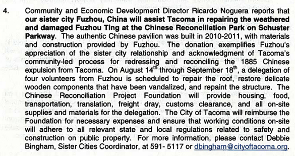 Fuzhou delegation to repair Ting pavilion at Tacoma's Chinese Reconciliation Park