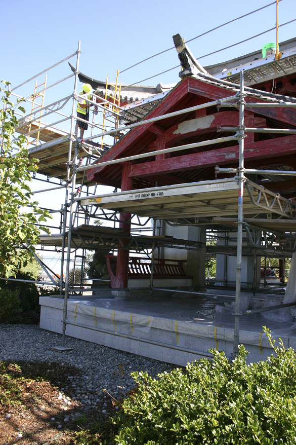 A delegation from Fuzhou, China, is in Tacoma this summer to repair the weathered and damaged Fuzhou Ting in Chinese Reconciliation Park. (PHOTO BY TODD MATTHEWS)