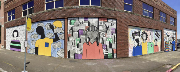 Spaceworks Tacoma's Artscapes program turns downtown storefront windows and outdoor wall spaces into canvases for local artists, including a building facade near Market Street and South 11th Street. (PHOTO COURTESY ANGELA LARSEN / SPACEWORKS TACOMA)