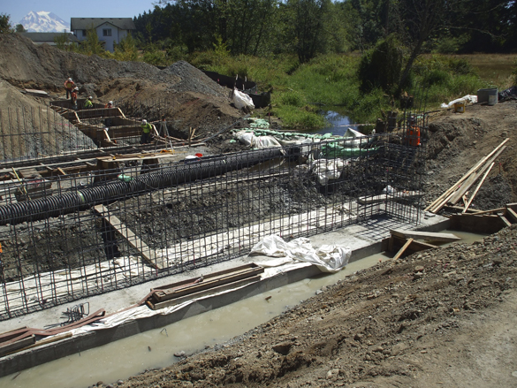 Zemek Construction constructs abutment foundations earlier this year as part of a project to replace the Lacamas Creek Bridge. (PHOTO COURTESY PIERCE COUNTY)