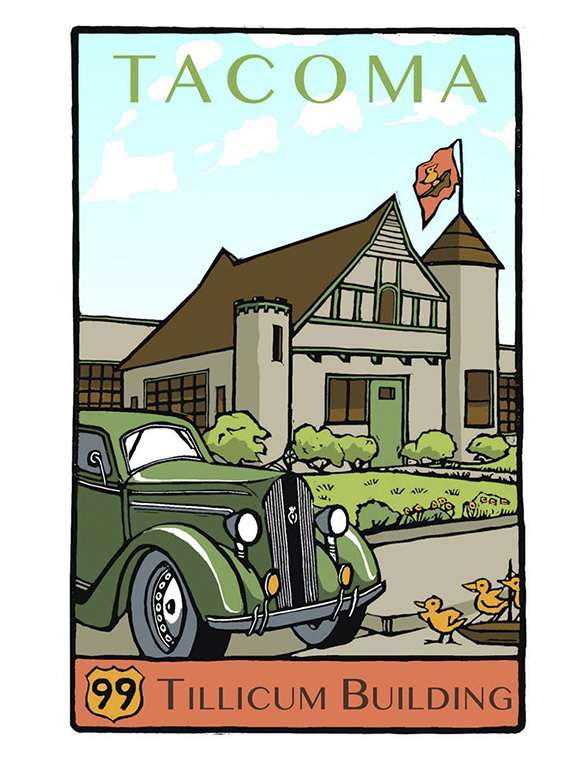 Tacoma's Tillicum Building created by artist Yoshiko Yamamoto for Historic Tacoma's Postcard Project. (IMAGE COURTESY HISTORIC TACOMA)