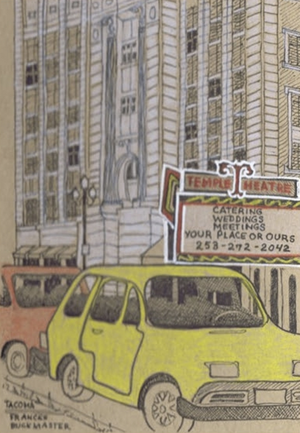 Tacoma's Temple Theater created by artist Frances Buckmaster for Historic Tacoma's Postcard Project. (IMAGE COURTESY HISTORIC TACOMA)