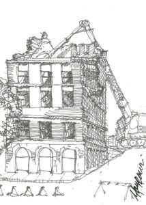 Tacoma's Luzon Building demolition created by artist Gary Knudson for Historic Tacoma's Postcard Project. (IMAGE COURTESY HISTORIC TACOMA)