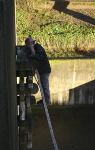 Contractors on Wednesday removed a downtown Tacoma art installation created 40 years ago by Pacific Northwest artist Harold Balazs. A City of Tacoma staff report recently noted the artwork was unstable and posed a safety hazard. (PHOTO BY TODD MATTHEWS)