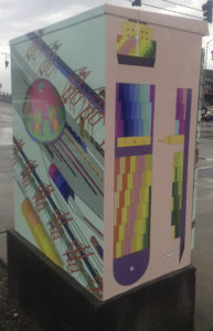 Local artists Tim + April created artwork for this traffic box in the Dome District as part of the City of Tacoma's Traffic Box Wrap Project. (PHOTO BY TODD MATTHEWS)