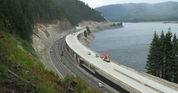 The first of two avalanche bridges is open to westbound and eastbound traffic on I-90 east of Snoqualmie Pass. Credit: Washington State DOT