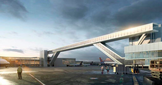 Artist's rendering of 900-foot sky bridge from Sea-Tac airport's South Satellite (foreground) to new International Arrivals Facility, east of Concourse A. The $660 million IAF is scheduled for completion in late 2019. Credit: Port of Seattle