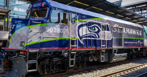 Amtrak Cascades special Seahawks train was unveiled in October 2016. Credit: Washington State DOT