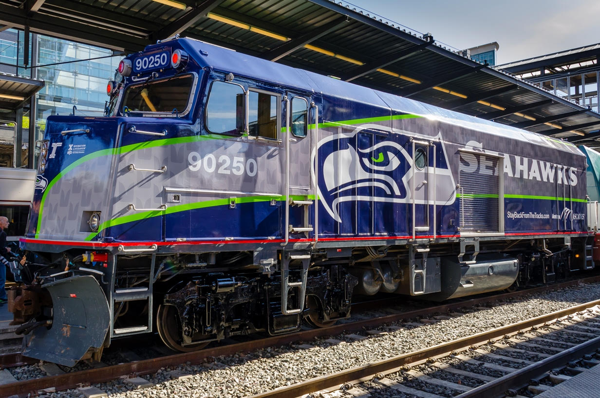 Amtrak Cascades special Seahawks train was unveiled in October 2016. Credit: Washington State DOT