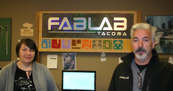 Snow Winters, left, and co-founder Steve Tibbits at FabLab Tacoma's facility on Market Street.  Credit: David Guest / TDI