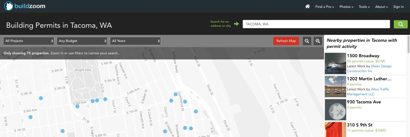 BuildZoom maps Tacoma permits, contractor information
