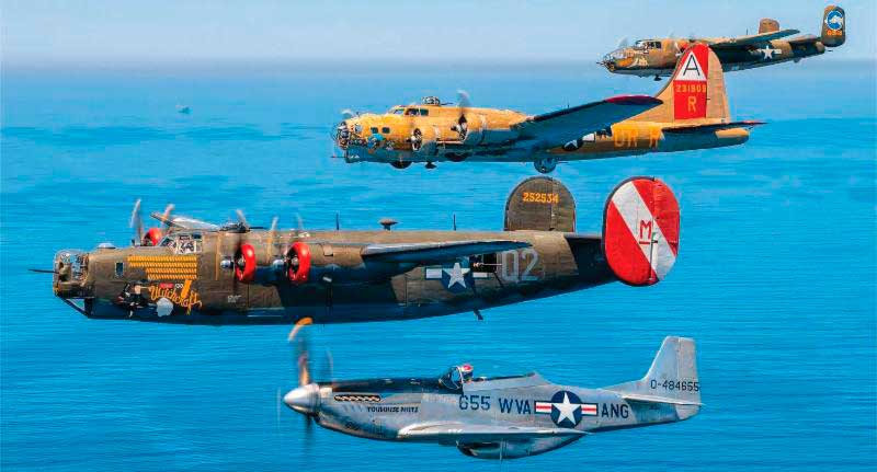 Planes: (bottom to top) TF-51D, B-24J, B-17 and B-25Image courtesy of the Collings Foundation