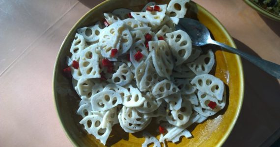 We might think that we invented fast food, but Asia has had it for millennia - but it looks like this. These are sliced lotus roots.Photo: Morf Morford