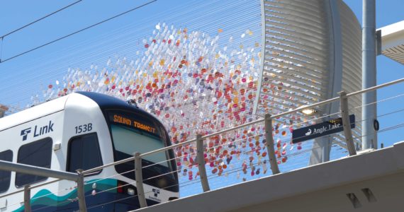 Angle Lake Station; Link train in foreground,Laura Haddad's "Cloud" sculpture in backgroundPhoto courtesy Darrius Wells and Sound Transit