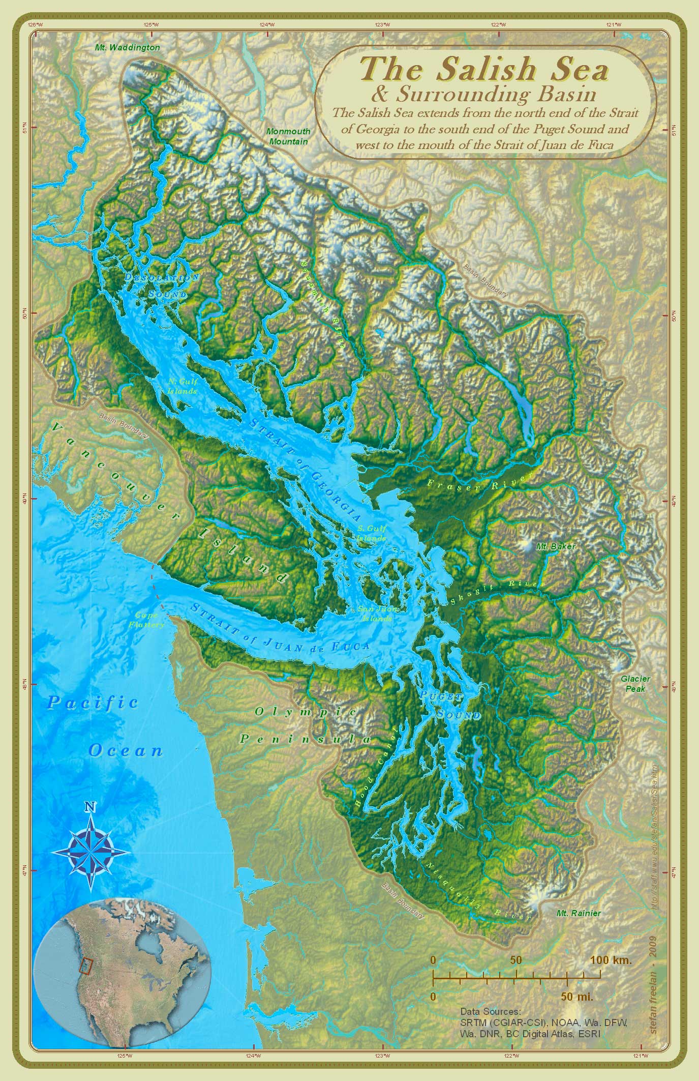 Map of the Salish Sea & Surrounding Basin,Stefan Freelan, WWU, 2009