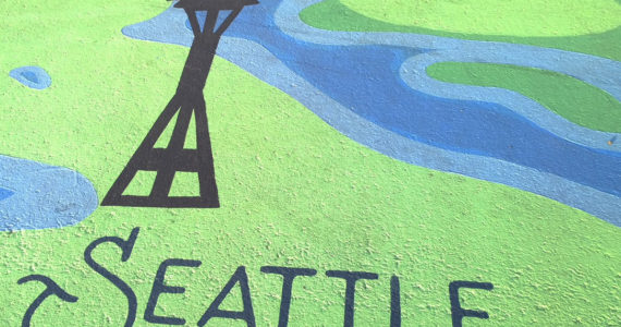 Artistic tributes to Seattle can be found all over Tacoma. This one is from a mural at Point Ruston. You will find few Tacoma references in Seattle. Photo: Morf Morford