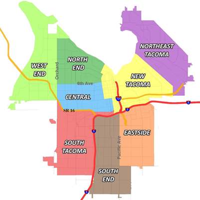 Here's a map of Tacoma's neighborhood councils. For details,  look here - http://www.cityoftacoma.org/government/city_departments/community_and_economic_development/neighborhood_council_program