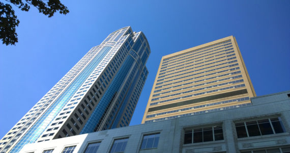 Even a glimpse of sky is a rare sight from street level in downtown Seattle. Photo: Morf Morford