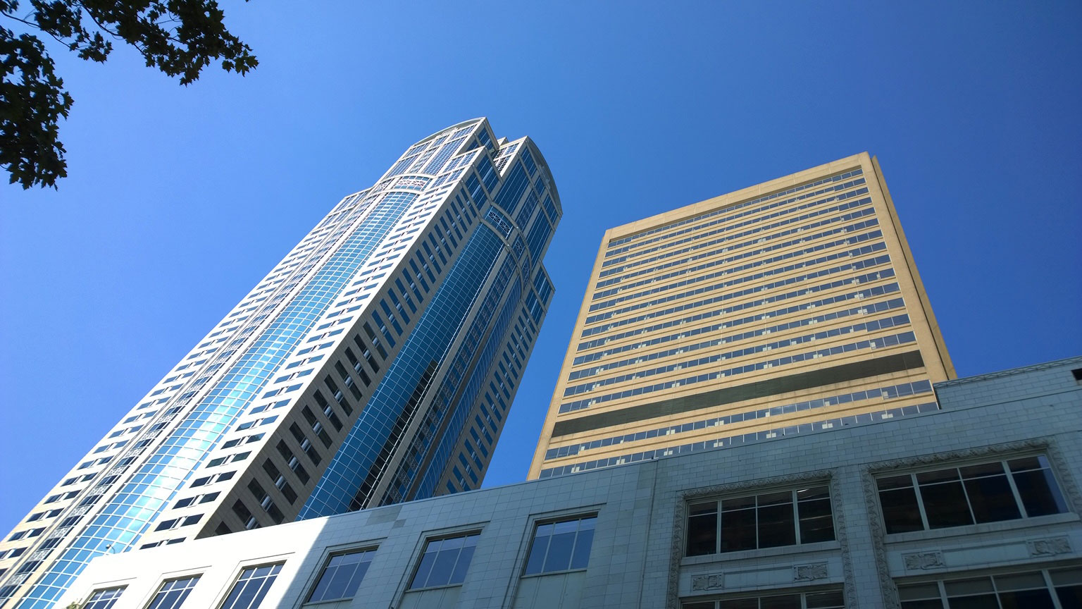 Even a glimpse of sky is a rare sight from street level in downtown Seattle. Photo: Morf Morford