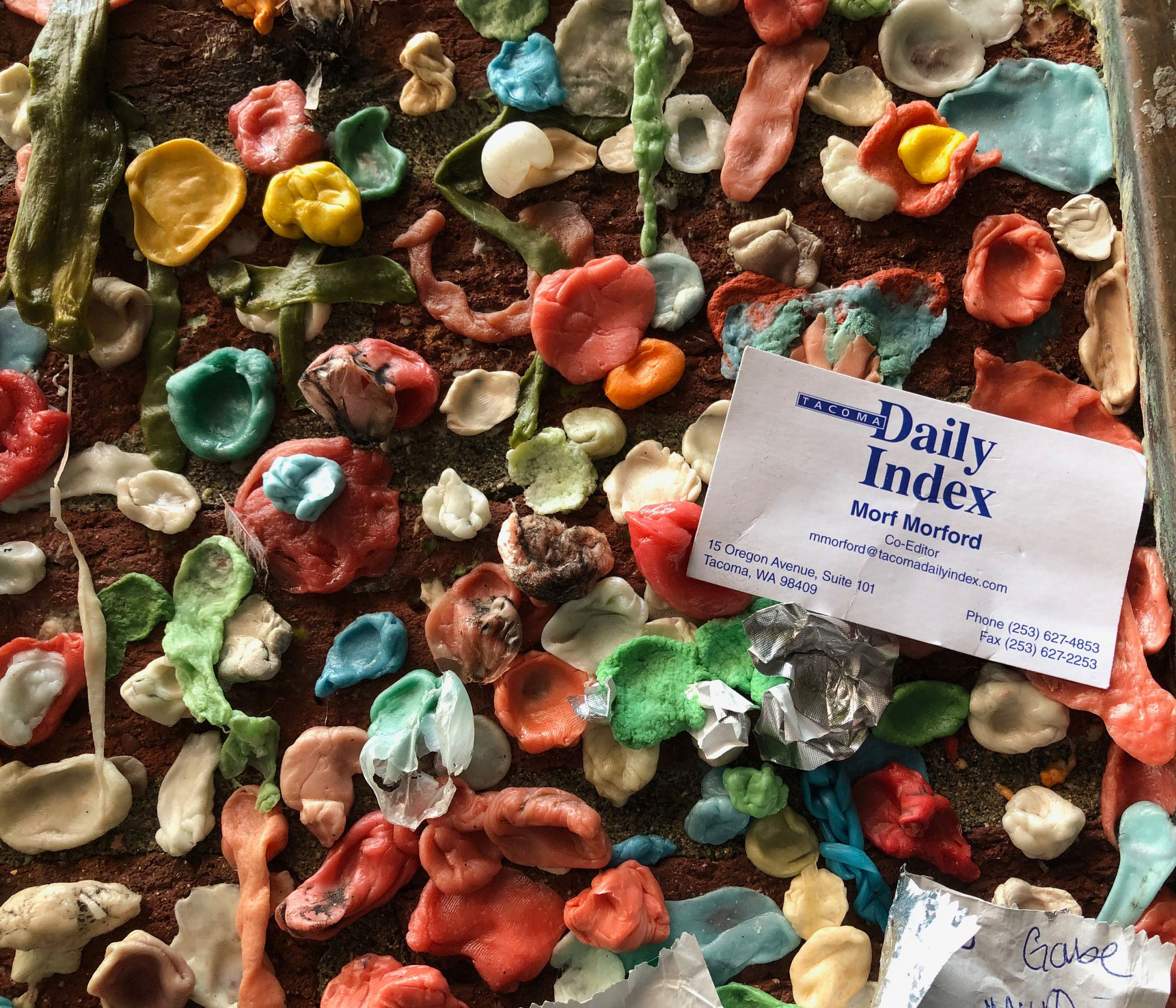 Yes, it is a wall covered in used chewing gum. Is it art? I don't know about that, but somehow it has also become a place to stick business cards. It must be a Seattle thing.Photo: Morf Morford