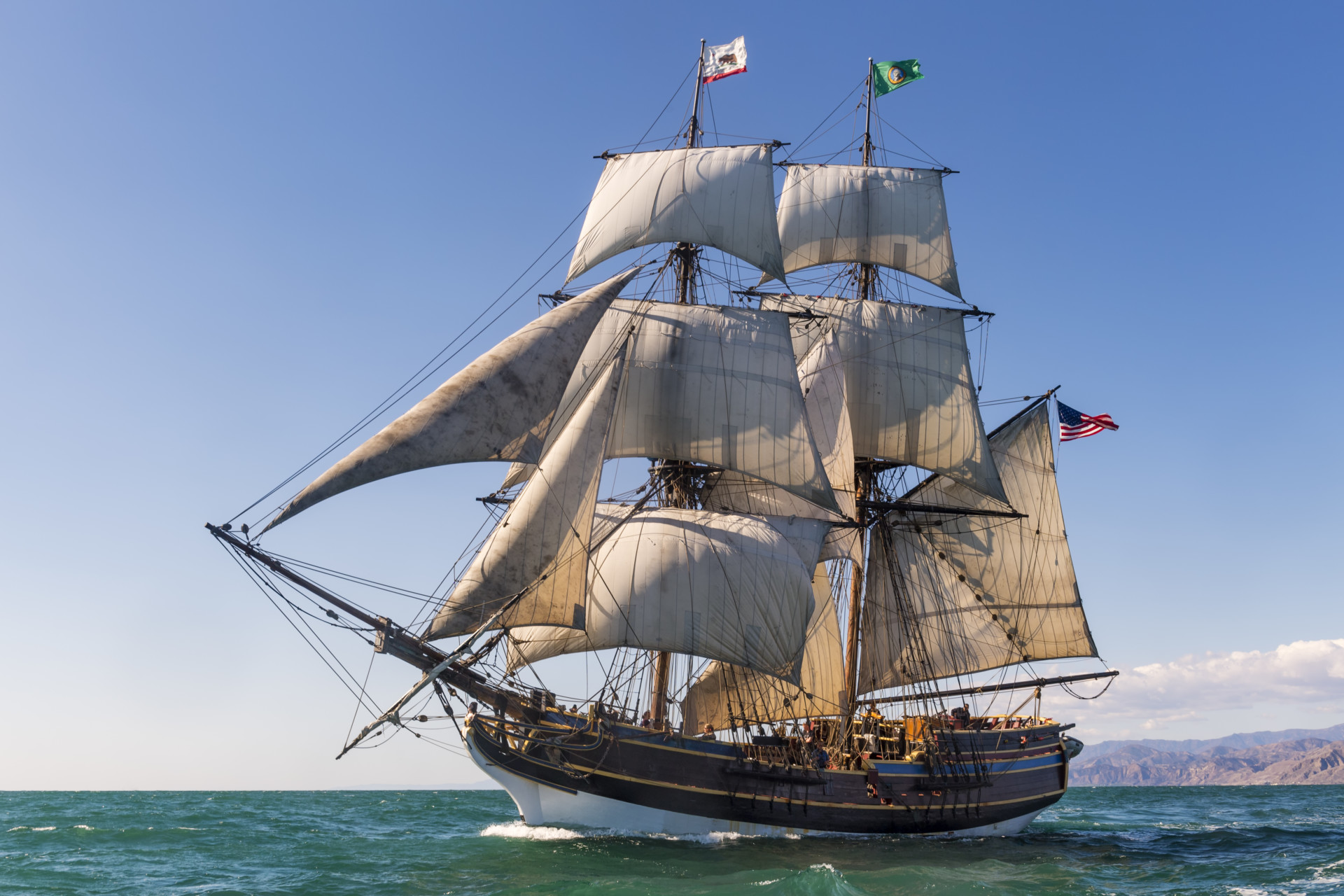 Launched on March 7, 1989 in Aberdeen, Washington. Built by Grays Harbor Historical Seaport. A full-scale replica of the original Lady Washington, the first American vessel to make landfall on the West Coast of North America, Hong Kong, Japan, and Honolulu.Specifications:Length on deck: 67 feet, Overall length: 112 feet      Type: BrigDraft (Depth): 11 feet, Beam (Width): 22 feetMast height: 89 feet           Gross tonnage: 99 tonsTotal sail area: 4,442 sq. feet, Rigging: Approx. 6 milesCrew compliment: 12, Passenger capacity: 45 - Grays Harbor Historical Seaport