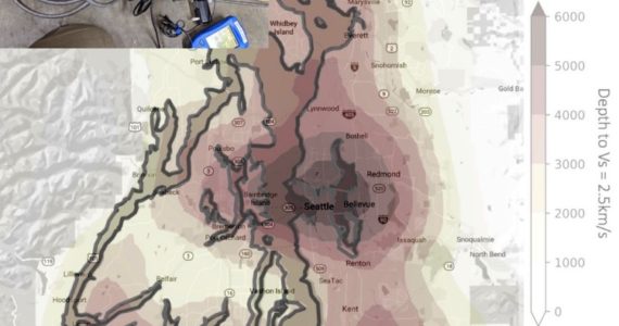 The shading shows the topography of the Seattle Basin, with darker shading showing the deepest section. Any location with shading is a potential test site for the UW team. The upper photo shows the sensitive equipment that researchers will use to monitor background vibrations in order to map the basin’s shape and contents.- Pacific Northwest Seismic Network