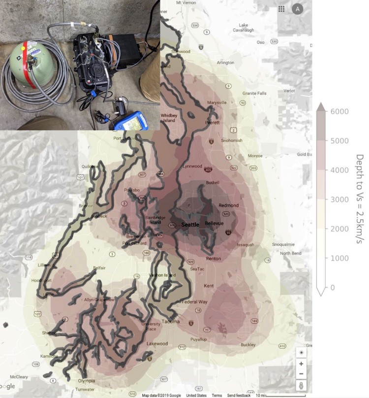 The shading shows the topography of the Seattle Basin, with darker shading showing the deepest section. Any location with shading is a potential test site for the UW team. The upper photo shows the sensitive equipment that researchers will use to monitor background vibrations in order to map the basin’s shape and contents.- Pacific Northwest Seismic Network