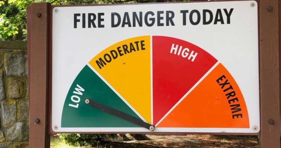 The fire hazard level swings as the summer heats up. This sign from Point Defiance shows a low level of danger, but the park has seen several devastating fires which have left charred marks on some of the older trees. Photo: Morf Morford