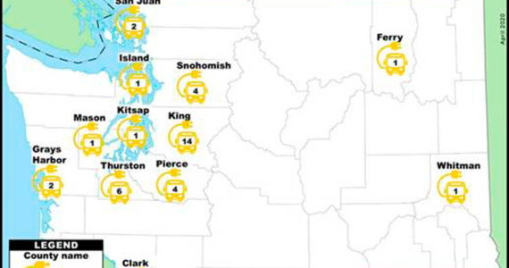 Graphic showing by county locations of 40 new electric school buses that Ecology is helping 22 Washington school districts purchase, including four in Pierce county. Image courtesy Washington Department of Ecology